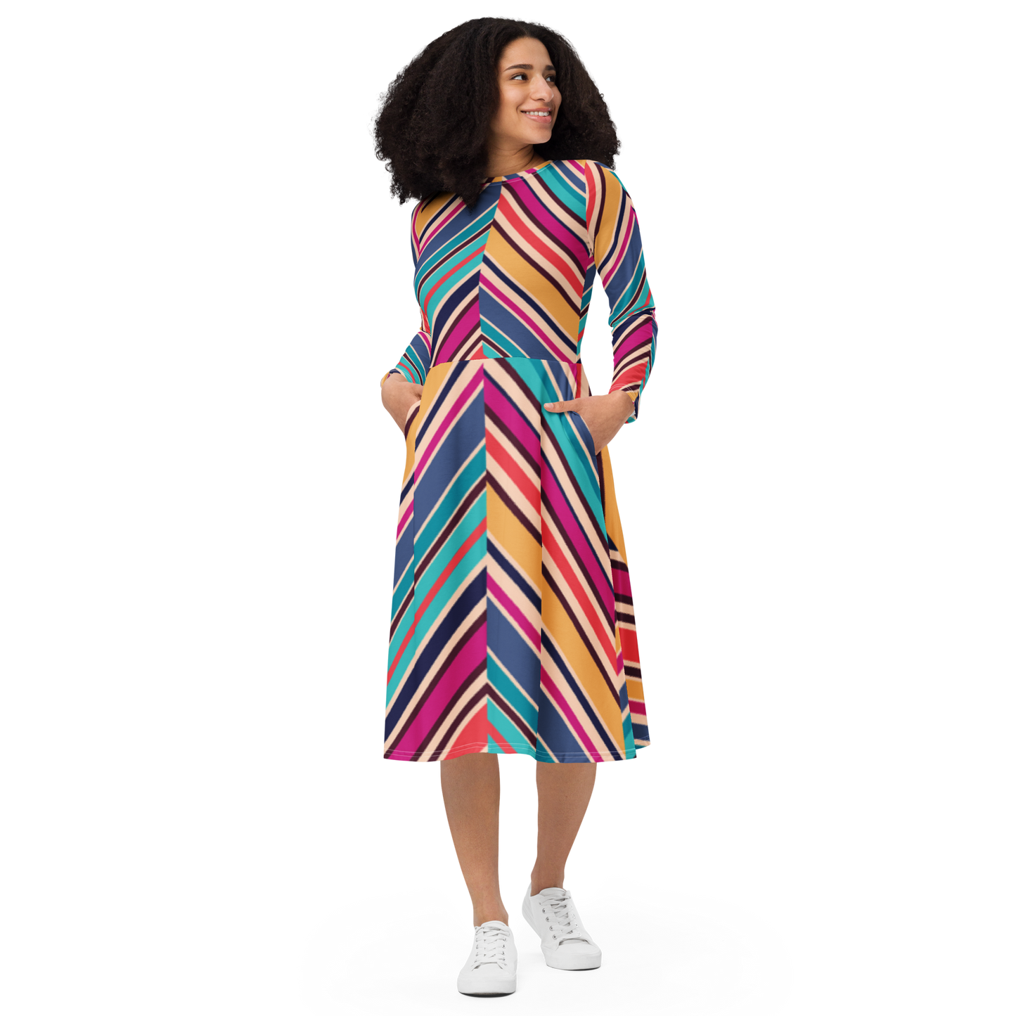 All-over print long sleeve midi dress