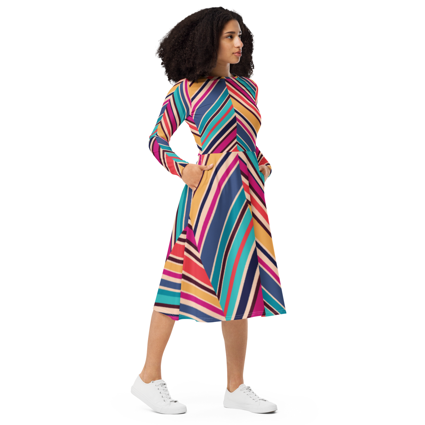 All-over print long sleeve midi dress
